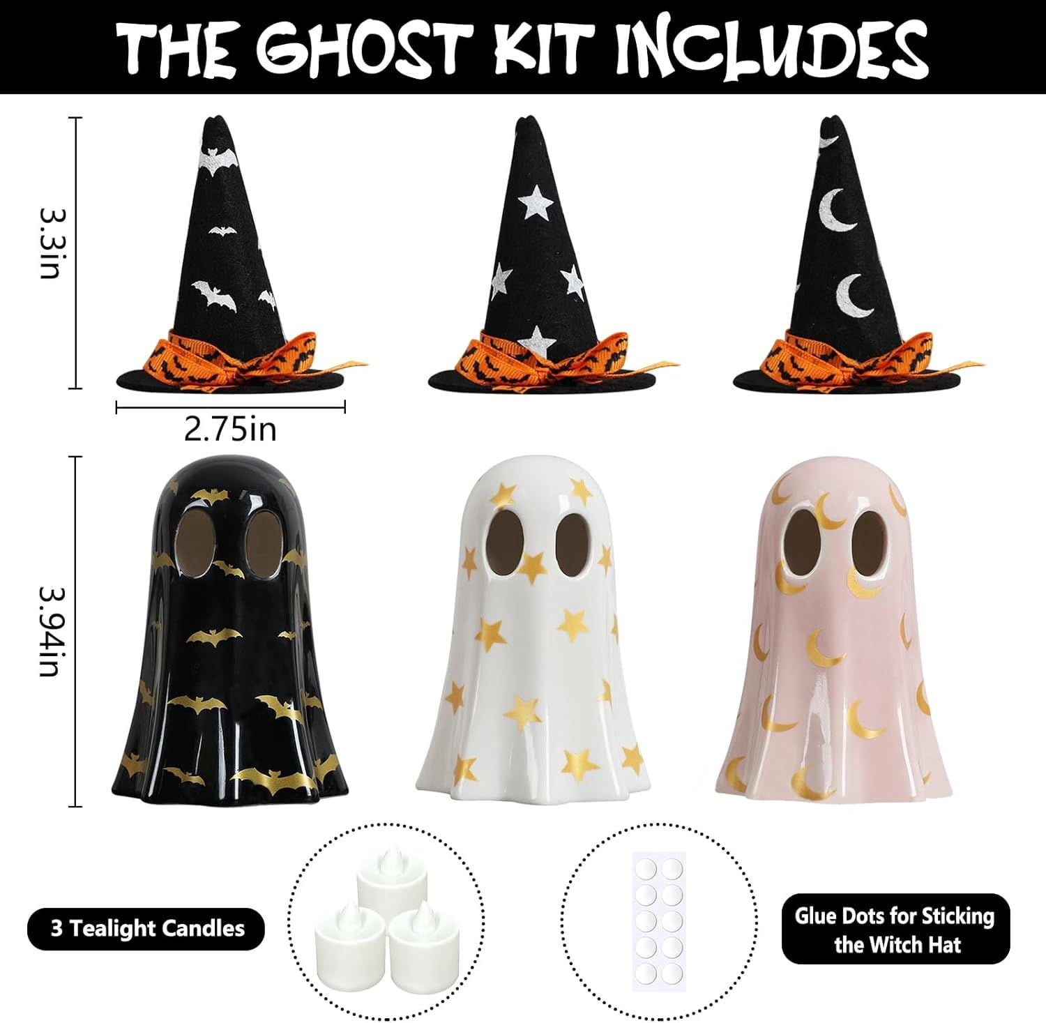 Halloween Decorations Indoor, Set of 3 Ceramic Ghosts with Witch Hats, Cute Spooky Halloween Ghost Figurines for Mantel, Shelf & Tabletop Decor
