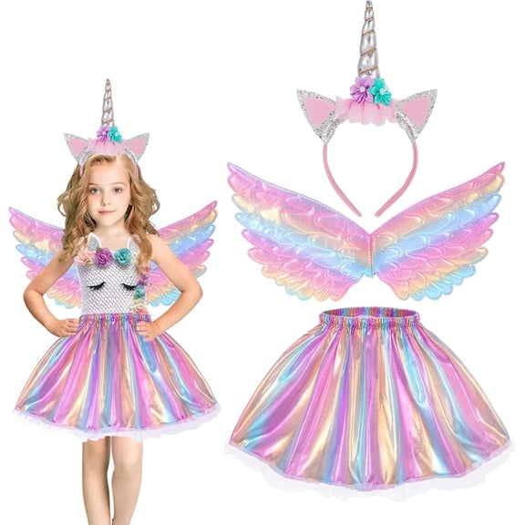 Unicorn Costume for Girls, Tutu Skirt Wings Unicorn Headband Princess Outfit for Birthday Halloween Christmas Cosplay Dress Up