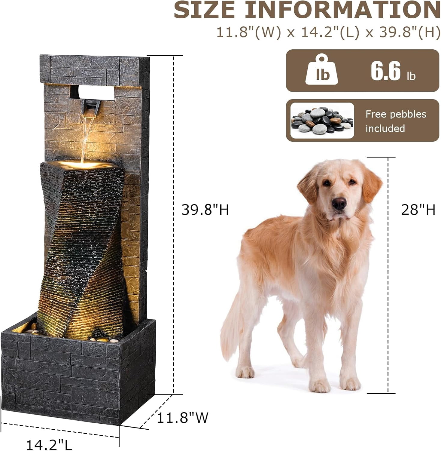 39.8’’ Tall Modern Spiral Waterfall Fountain Outdoor/Indoor Water Fountain Resin Stone-Like Water Feature with LED Lights for Outside, Garden, Patio, Porch, Deck, Backyard, Home Decor