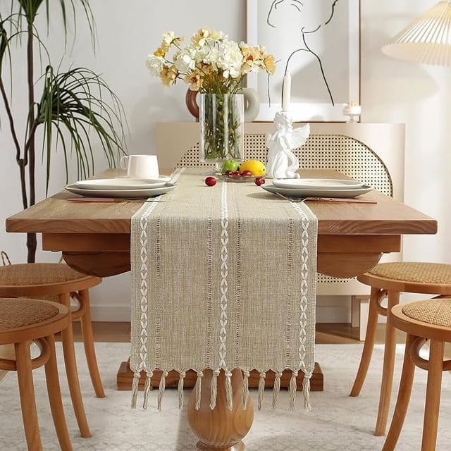 Camino de mesa Wracra Rustic con dobladillo de lino, 150 cm, con borlas