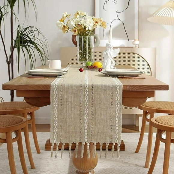 Camino de mesa Wracra Rustic con dobladillo de lino, 150 cm, con borlas