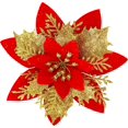 thumbnail image 1 of JM 20 flores artificiales de Navidad con clip, flores de Pascua navideñas con decoraciones en polvo de purpurina para guirnalda de árbol de Navidad, guirnalda de Navidad, decoración de interiores (oro rojo) JM JM, 1 of 5
