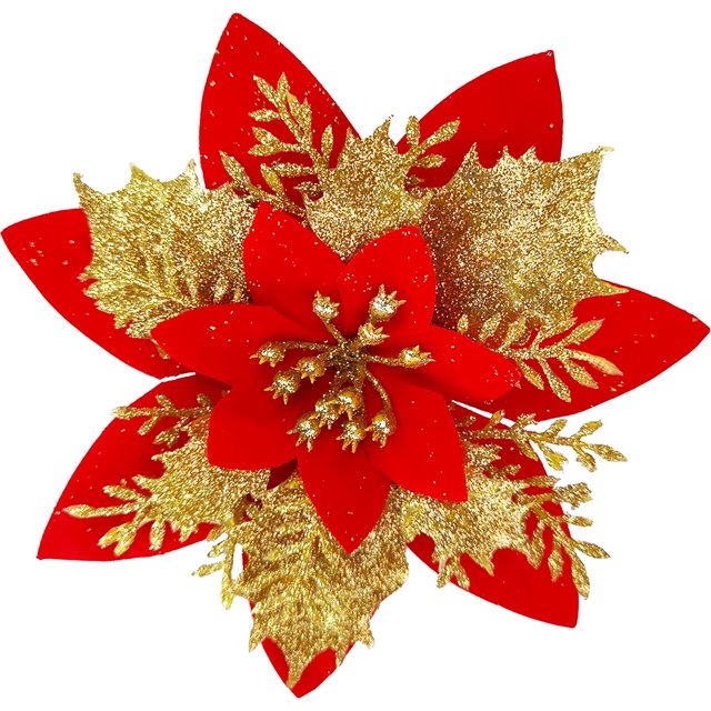 JM 20 flores artificiales de Navidad con clip, flores de Pascua navideñas con decoraciones en polvo de purpurina para guirnalda de árbol de Navidad, guirnalda de Navidad, decoración de interiores (oro rojo) JM JM