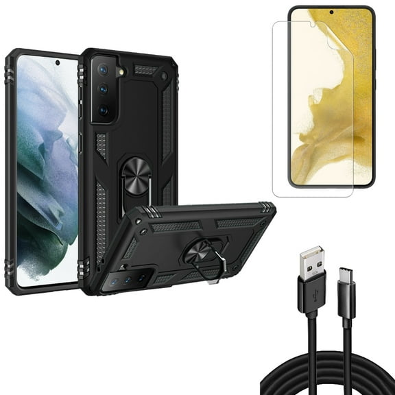 Hybrid Case Cover & 10ft USB Cable & Matte Screen Protector for Samsung Galaxy S22 (6.1") - Metal Ring Kickstand & Type-C Charger Cord & TPU Film Anti-Glare Accessory Bundle