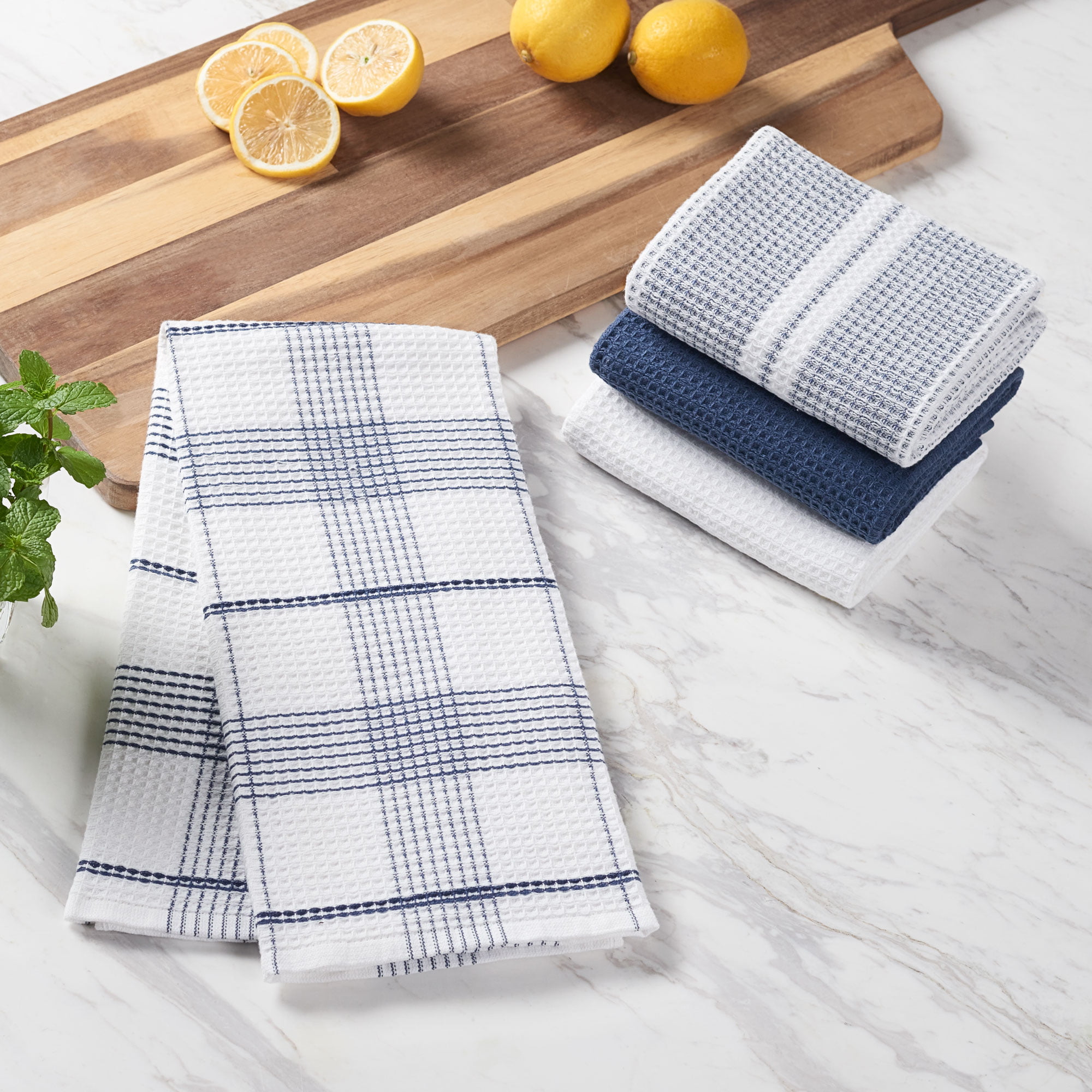 Blue and White Plaid Kitchen Towels - Set of 6 Blue Checkered, 100% Cotton,  Lint-Free Kitchen Towels with Hanging Loop - Versatile Uses Including