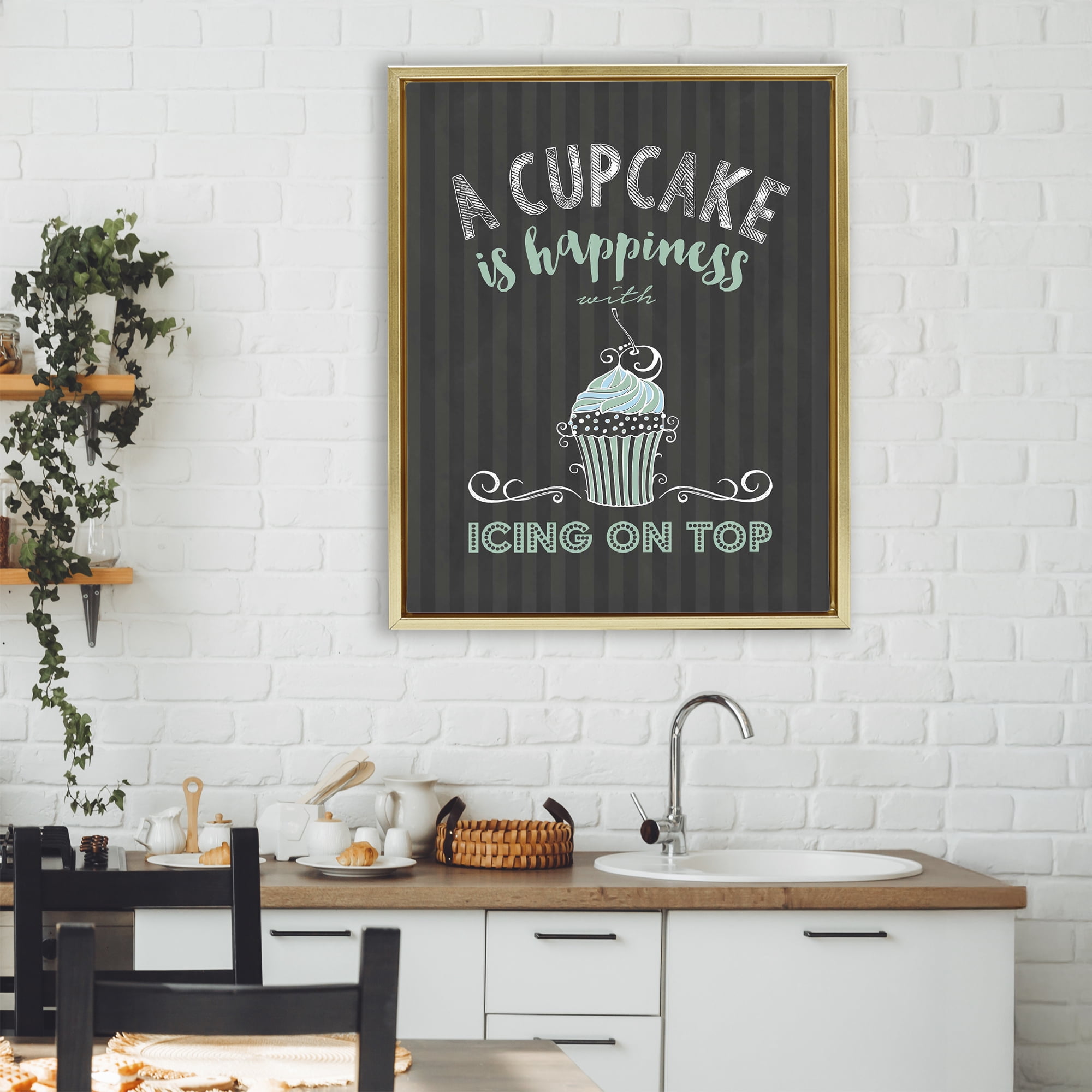 Cupcake Is Happiness with Icing Gold Framed Floater Canvas Wall Art, design by Lettered and Lined