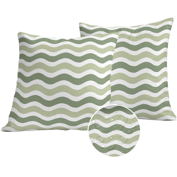 Sage Green Outdoor Pillow Covers 24x24 Set of 2,Waterproof Patio Throw Pillowcase Protectors,Abstract Geometric Ocean Wave Stripe Square Decorative Pillow Shams Cushion Covers for Seat Bed Couch Sofa