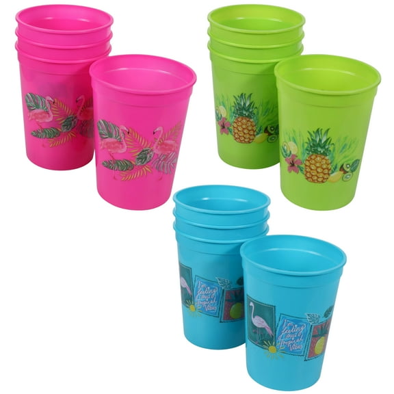 Bright Plastic Luau Tumblers 12oz Home Kitchen Party Favor Cups Birthday Picnic Summer Parties Drinkingware Supplies Basket Stuffers Fillers Gift Decoration Tableware Set, Pack of 3 (Color may vary)