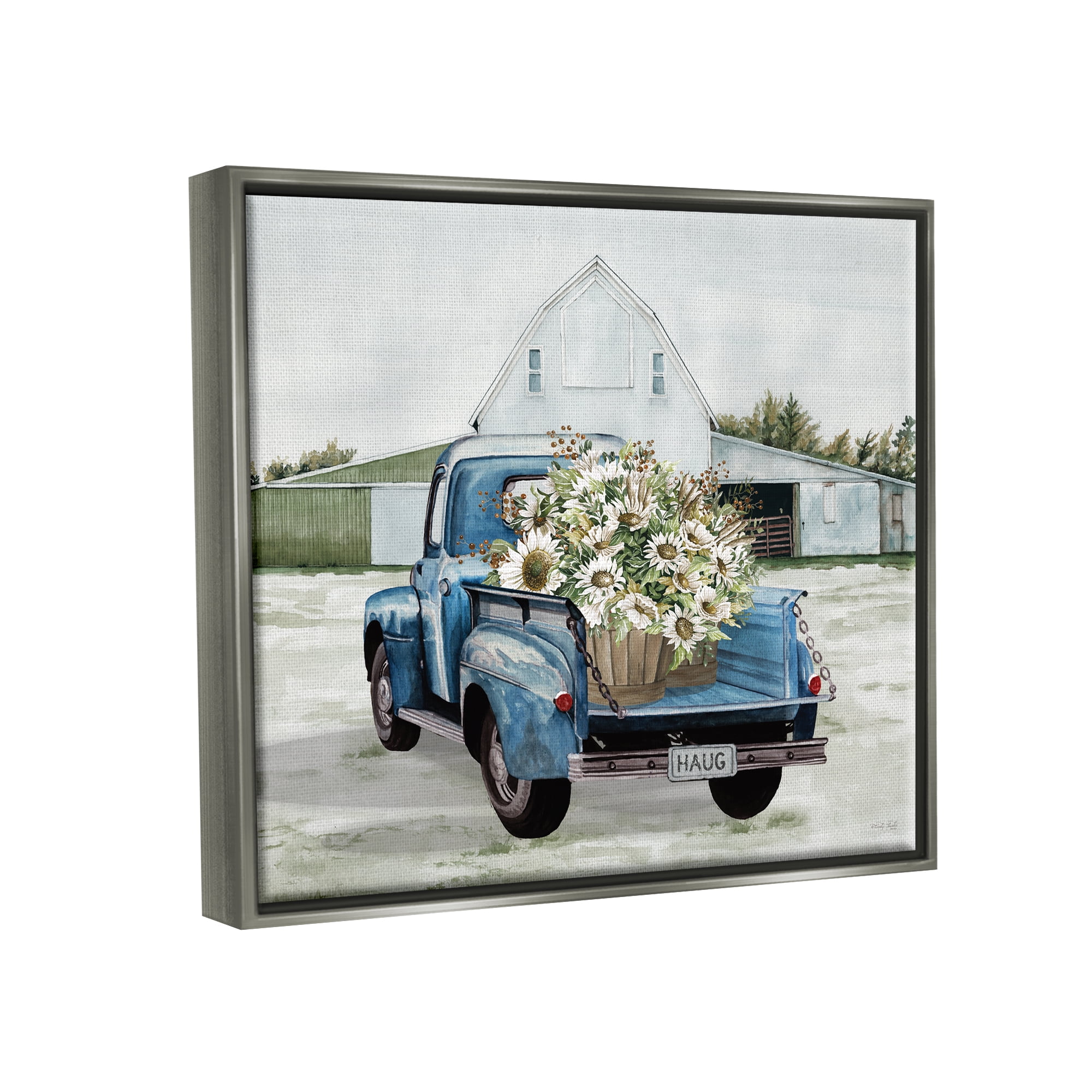 Stupell Industries Sunflower Truck at Farm Transportation Painting Gray Floater Framed Art Print Wall Art, 21 x 17