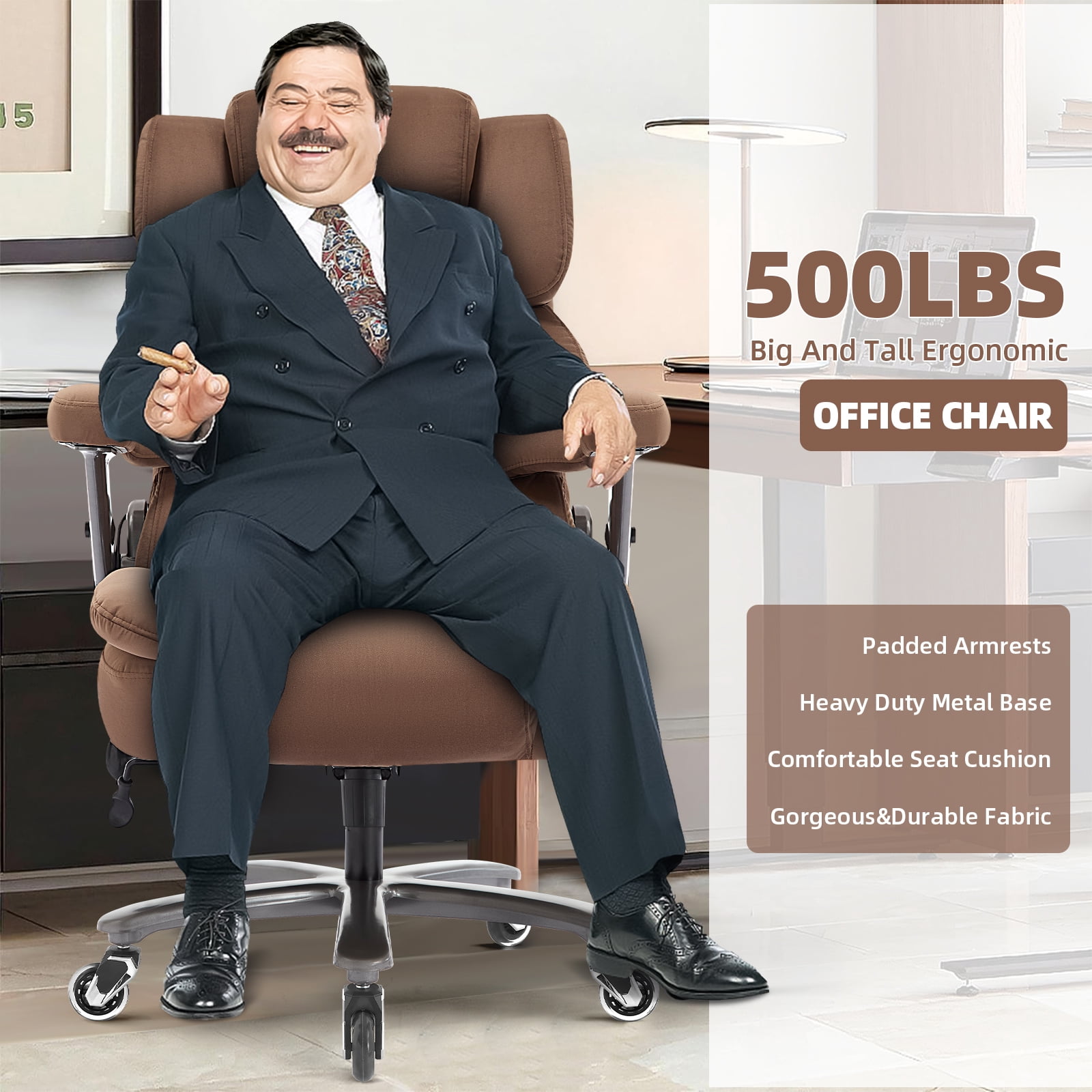 Big and Tall 500lbs Office Chair, Fabric Heavy Duty Executive Chair with 3D Flip up Armrests Adjustable Lumbar Support Large Rubber Wheels, Extra Wide High Back Computer Desk Chair, Brown
