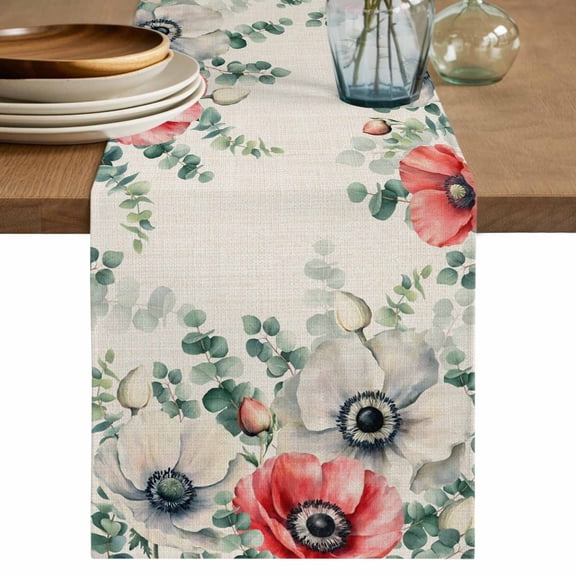 Table Runner 90 Inches Long for Kitchen Dining, Poppy Flowers Eucalyptus Dresser Scarf Farmhouse, Dining Table Decorations for Wedding/Parties, Rustic Weeping Botanical Linen 13 x 90 In