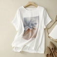 thumbnail image 2 of ZZwxWA Summer Tops for Women Short Sleeve Retro Print Round Neck Loose T-shirt Cotton Linen Casual Shirt Womens Blouse, 2 of 3
