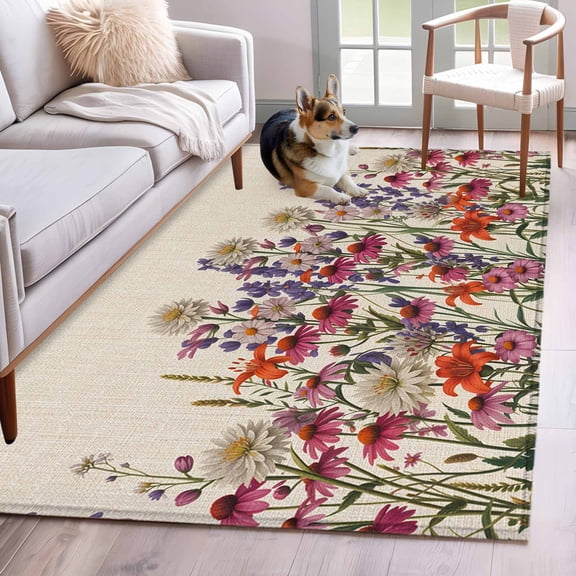 3'x5' Area Rugs, Watercolor Floral Indoor Outdoor Area Rug for Living Room Bedroom, Spring Daisy Lily Lavender Garden Beige Washable Bathroom Rugs Kitchen Floor Carpet Mats Home Decor Aesthetic