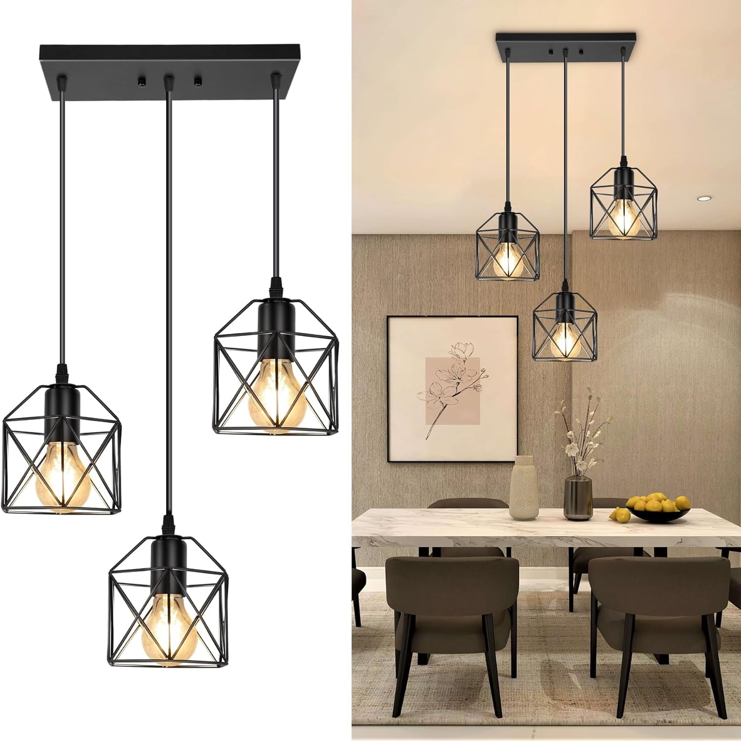 3-Light Pendant Light Fixtures, Farmhouse Hanging Pendant Lighting, Dining Room Chandelier, Industrial Kitchen Island Hanging Light Fixture, Black Metal Cage Pendant Ceiling Lamp for Kitchen