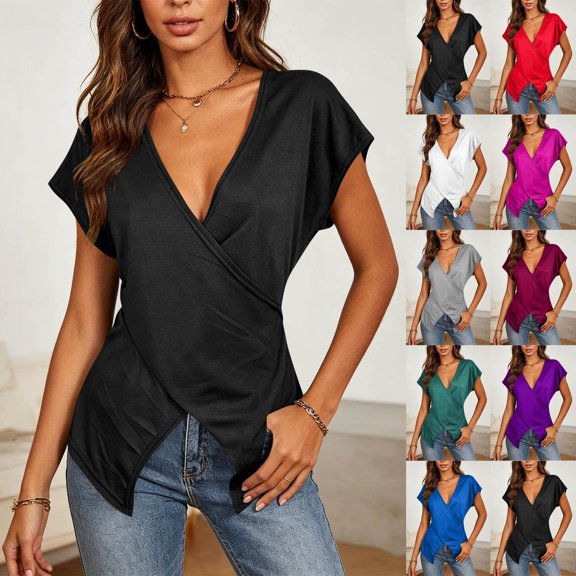 Favoffer Wrap Blouse Tops Women's Short Sleeve V Neck Asymmetric Hem Shirts Fitted Casual Tunic Tops Summer Daily Going Out
