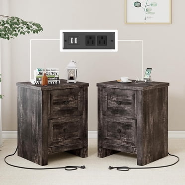 Set Of 2 Farmhouse Nightstands With Charging Station - 18" White End Tables, 2 Drawers, For Bedroom