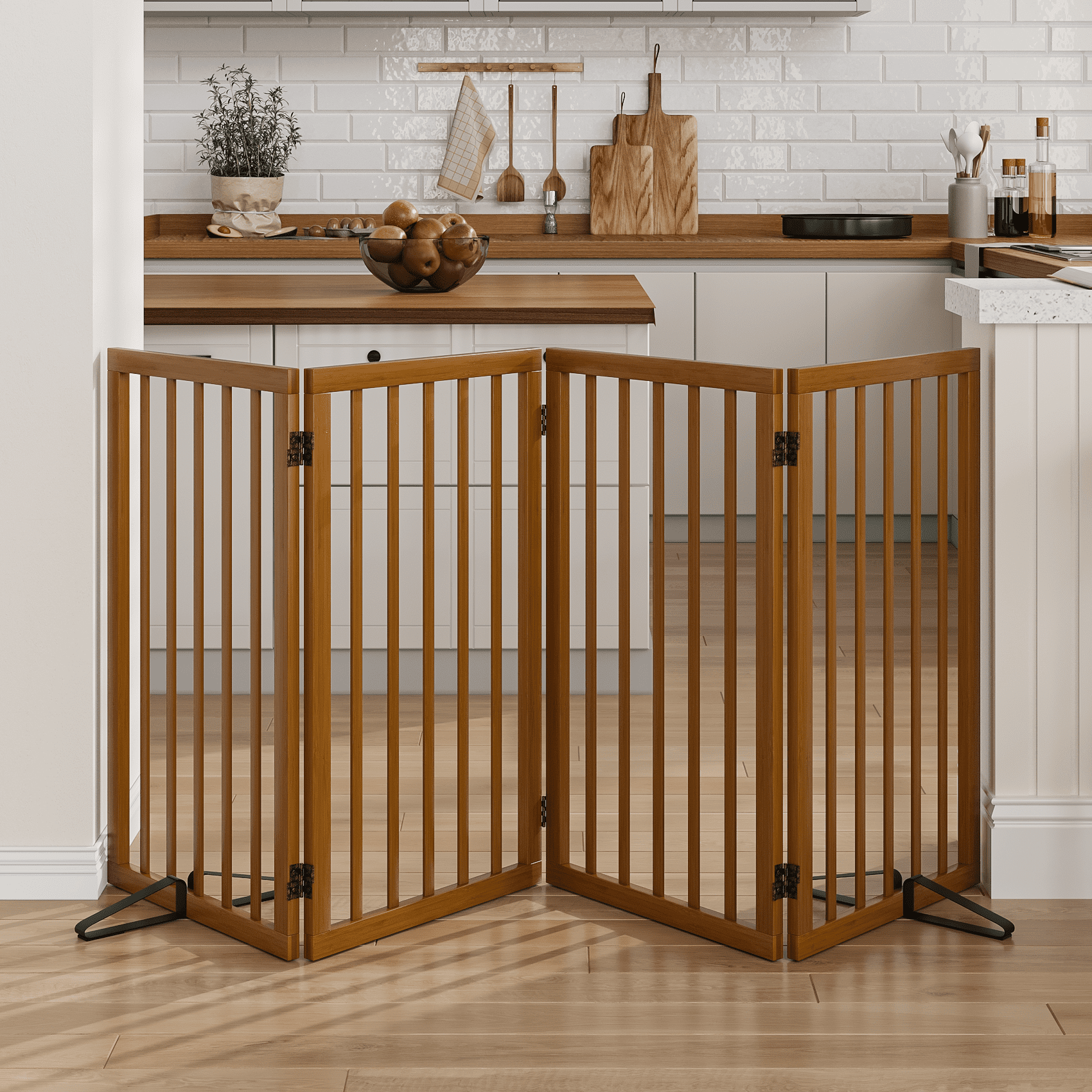 Smart FENDEE Bamboo Dog Gate Freestanding 4 Panel Pet Gate with 2 Support feet, 33" Tall, Walnut