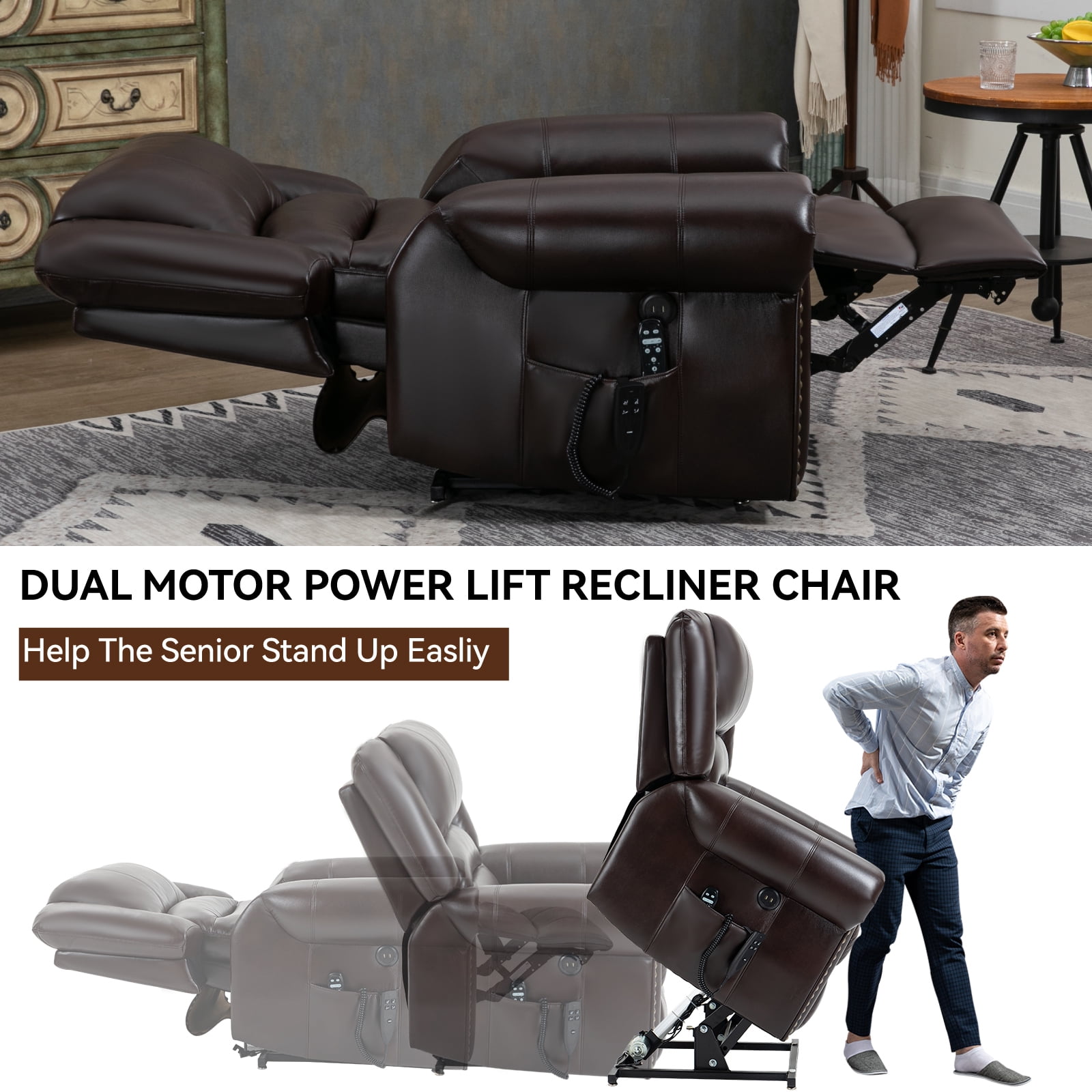 Alvantor Large Power Lift Recliner Chair for Elderly with Massage and Heat Faux Leather Electric Recliners Chair with USB Ports for Living Room Antique Brown