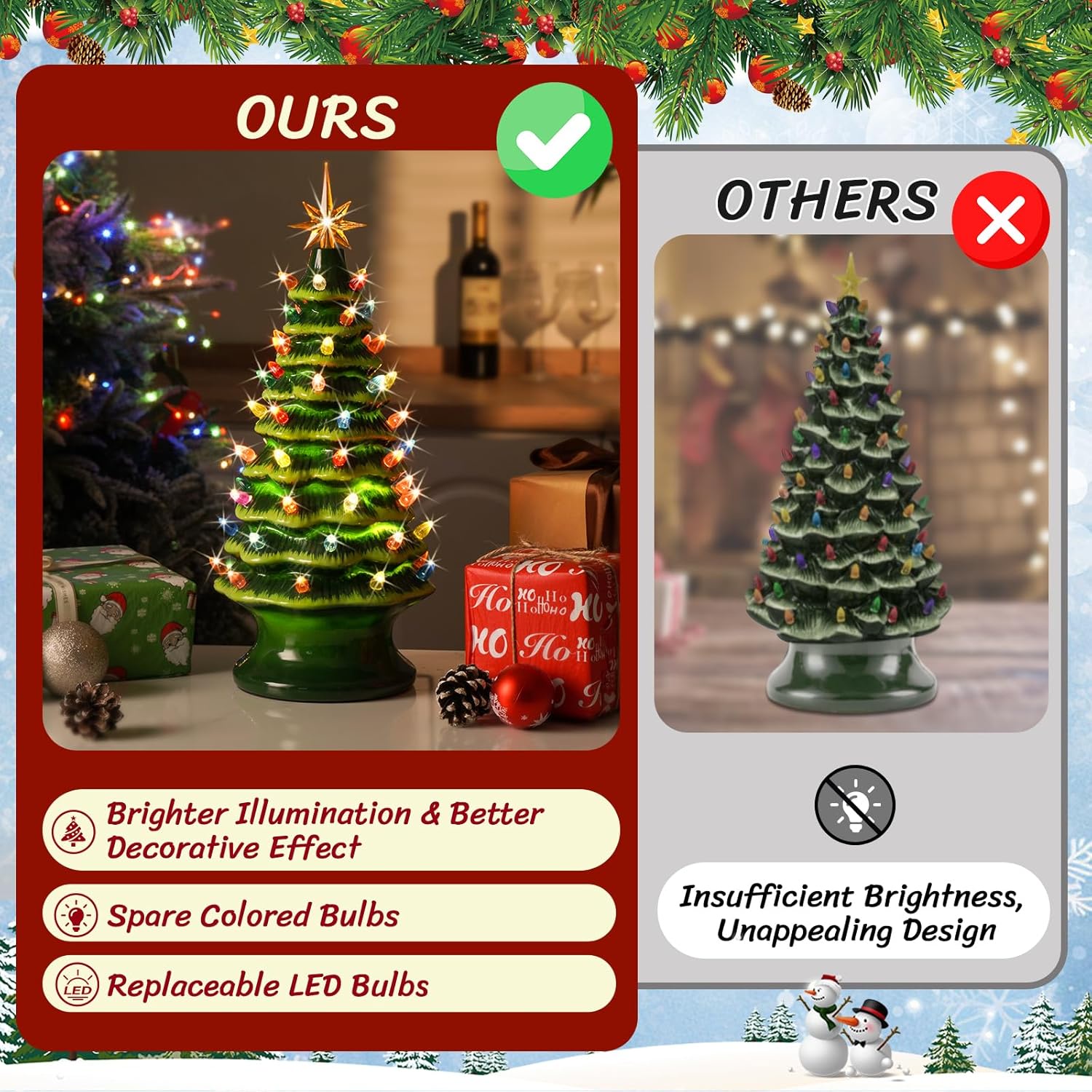 Nordic Hygge 2024 Newest 16.5" Hand Painted Resin Christmas Tree with Lights, Pre-lit Xmas Tree Decor Lighted Tabletop Decoration with Multicolored LED Bulbs, Green