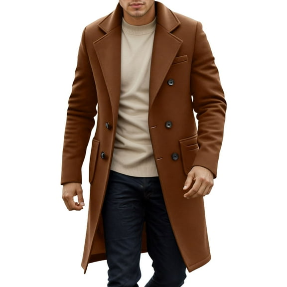 Mens Trench Coat Slim Fit Double Long Peacoat Color: Brown Size: XL