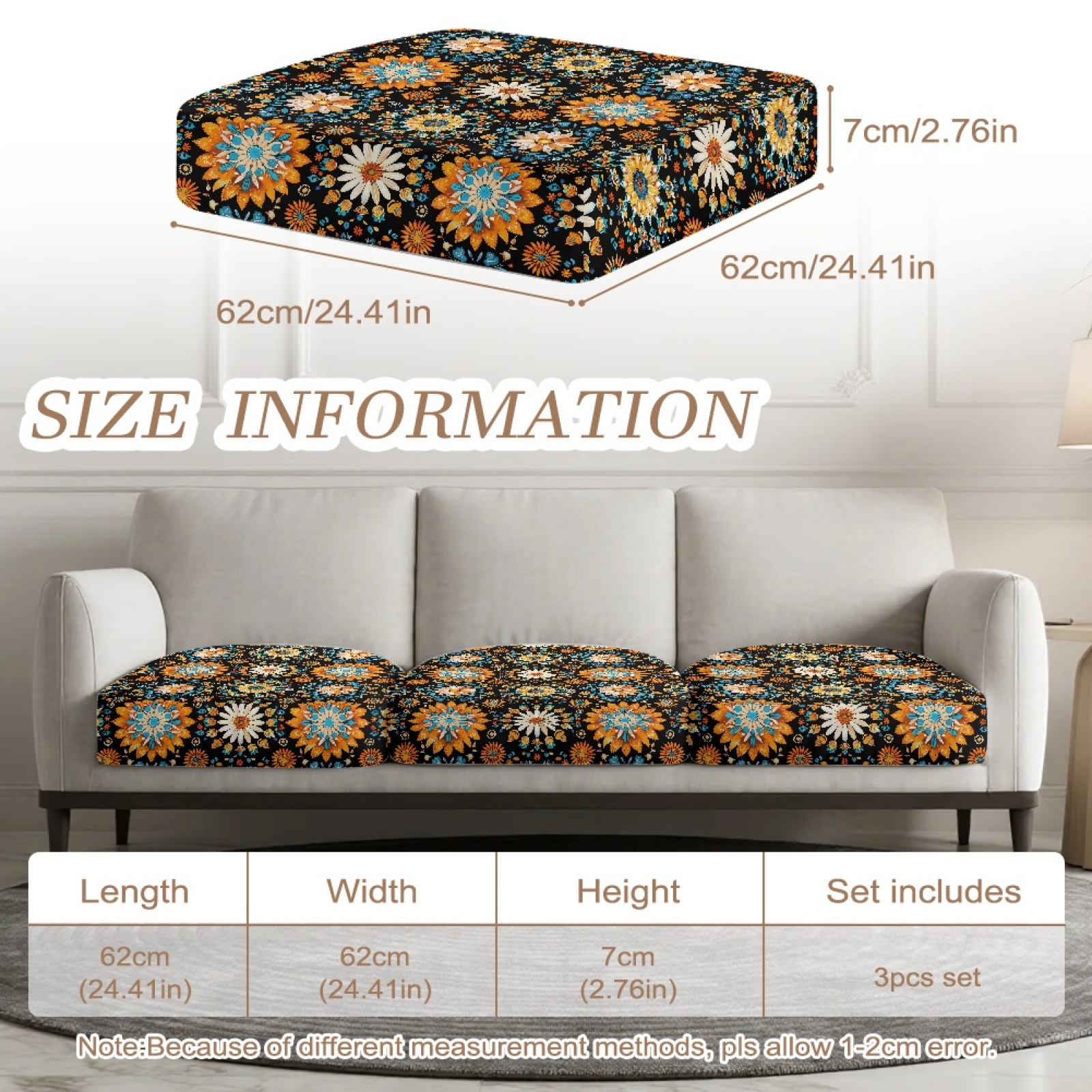 COEQINE Stretch Armchair Cushion Cover Washable Couch Cushion Cover Fitted Sofa Seat Slipcover Sets Separate Sectional Sofa Cover for Home Decor, 3 Pieces, Boho Mandala Floral Orange