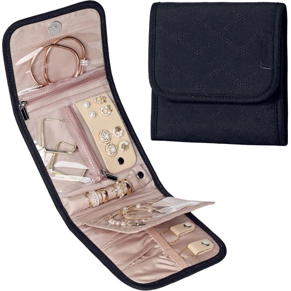 Travel Jewelry Case Organizer, Foldable Jewelry Storage Roll for Earrings, Necklaces, Rings, Bracelets, Brooches, Pink