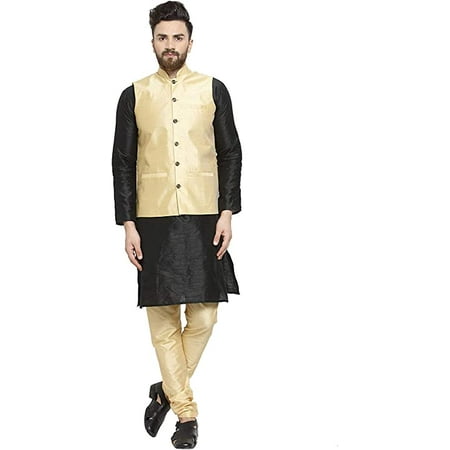 

Royal Kurta Men s Silk Blend Kurta Pyjama & Nehru Jacket Set (38 Black-gold-1)