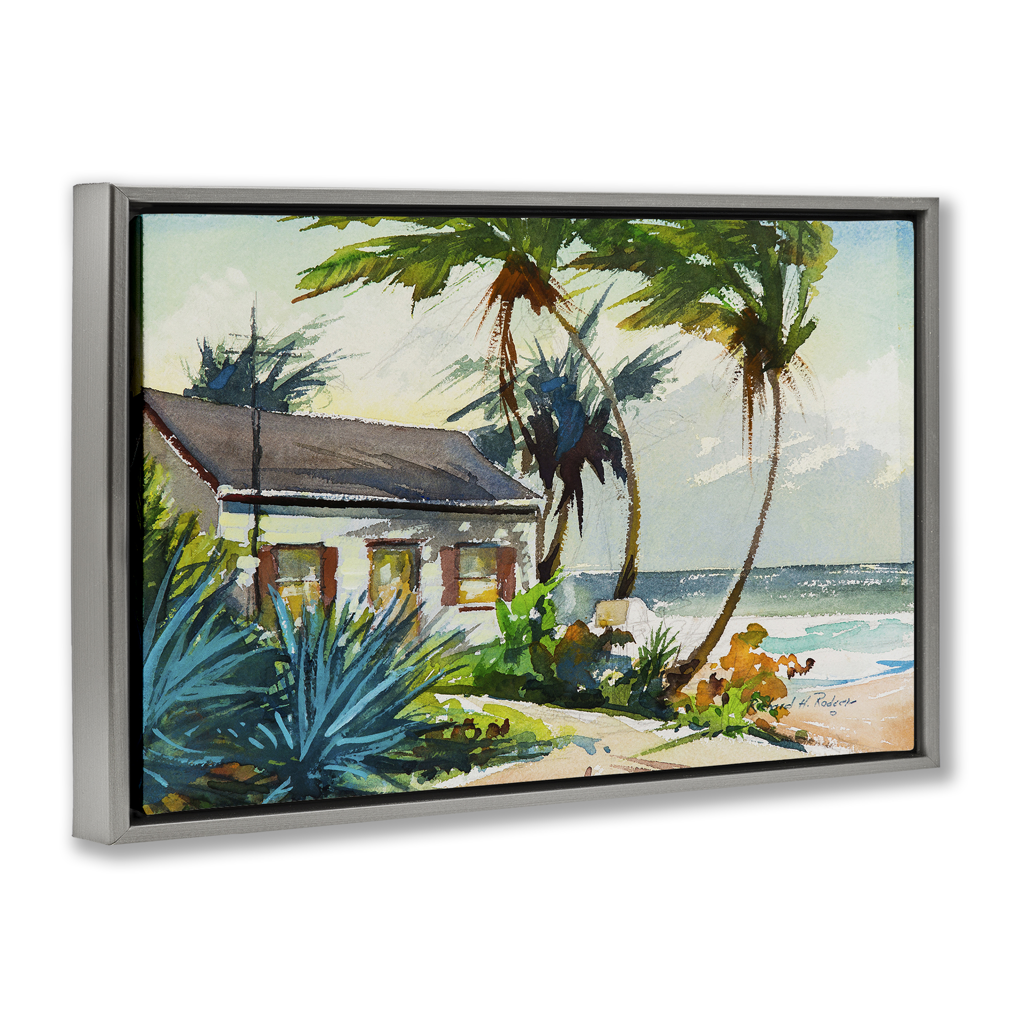 Stupell Industries Windswept Palms Cottage Landscape & Nature Painting Gray Floater Framed Canvas Art Print Wall Art, 31 x 21