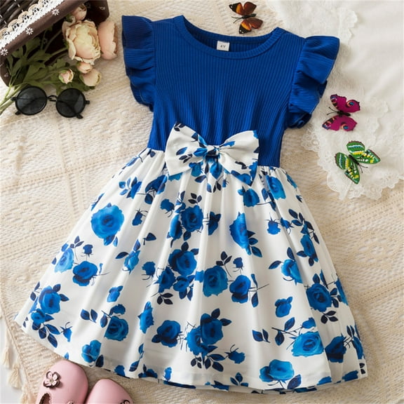 HOMADLES Toddler Girls Dress Crewneck Bow Sleeveless Print Stretch Ruffed Layered Breathable Princess Dress Dress Blue 4 T