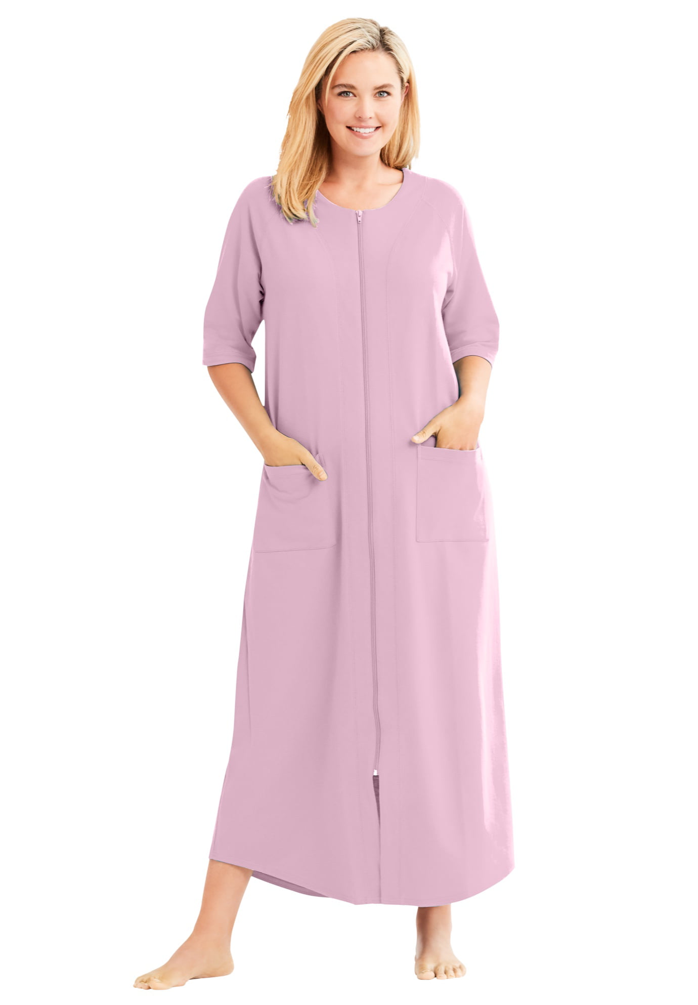 Dreams & Co Womens Plus Size Long French Terry Zip-Front Robe