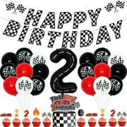 Red and Black Race Car Two Fast Birthday Party Decorations, Birthday Banner and 2nd two fast 2 curious Cake Topper Racing Chequered Flag Balloons Let's go Racing Theme Party Decorations Supplies