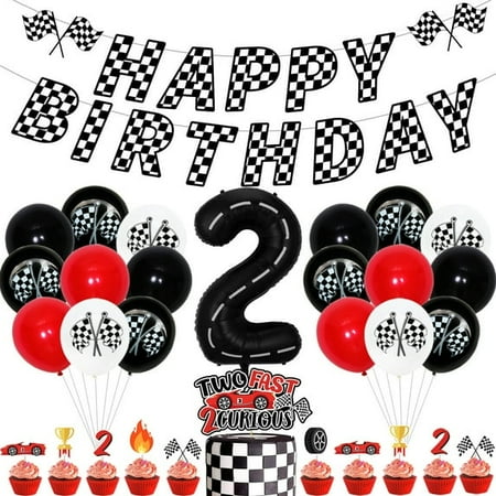Red and Black Race Car Two Fast Birthday Party Decorations, Birthday Banner and 2nd two fast 2 curious Cake Topper Racing Chequered Flag Balloons Let's go Racing Theme Party Decorations Supplies