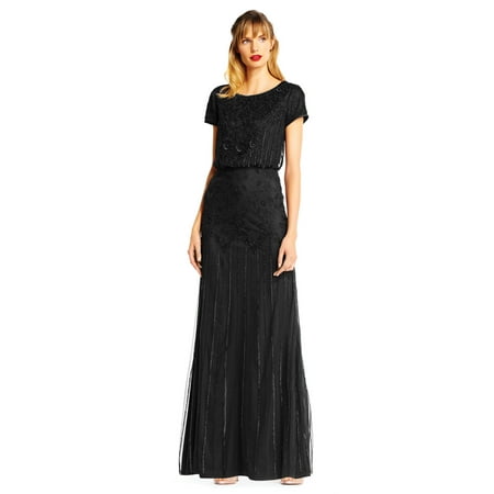 Adrianna Papell BLACK Women's Bead and Mesh Blouson Gown, US 16