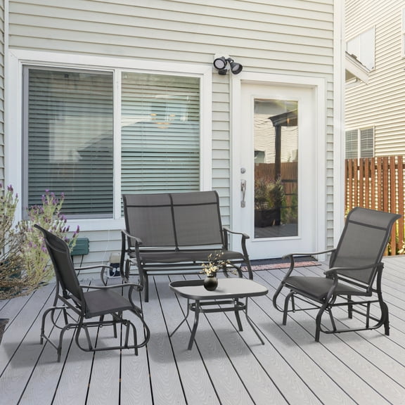 Outsunny 4 Pieces Gliders Set, Outdoor Furniture Sets with 2-Person Glider Patio Bench, Single Sling Chair and Glass Coffee Table, Black