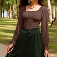thumbnail image 6 of HAOTAGS Cropped Tops for Women Fashion Brown Shirts Long Sleeve Square Neckline Plain Shirts for Women, 6 of 9