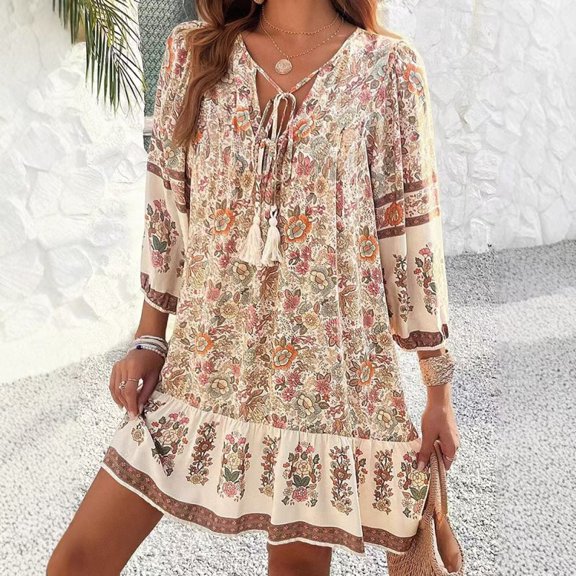 MORTTIC Women's Elegant V-Neck Floral Print Dress with Tassel Bow Tie - Fitted Woven Dress