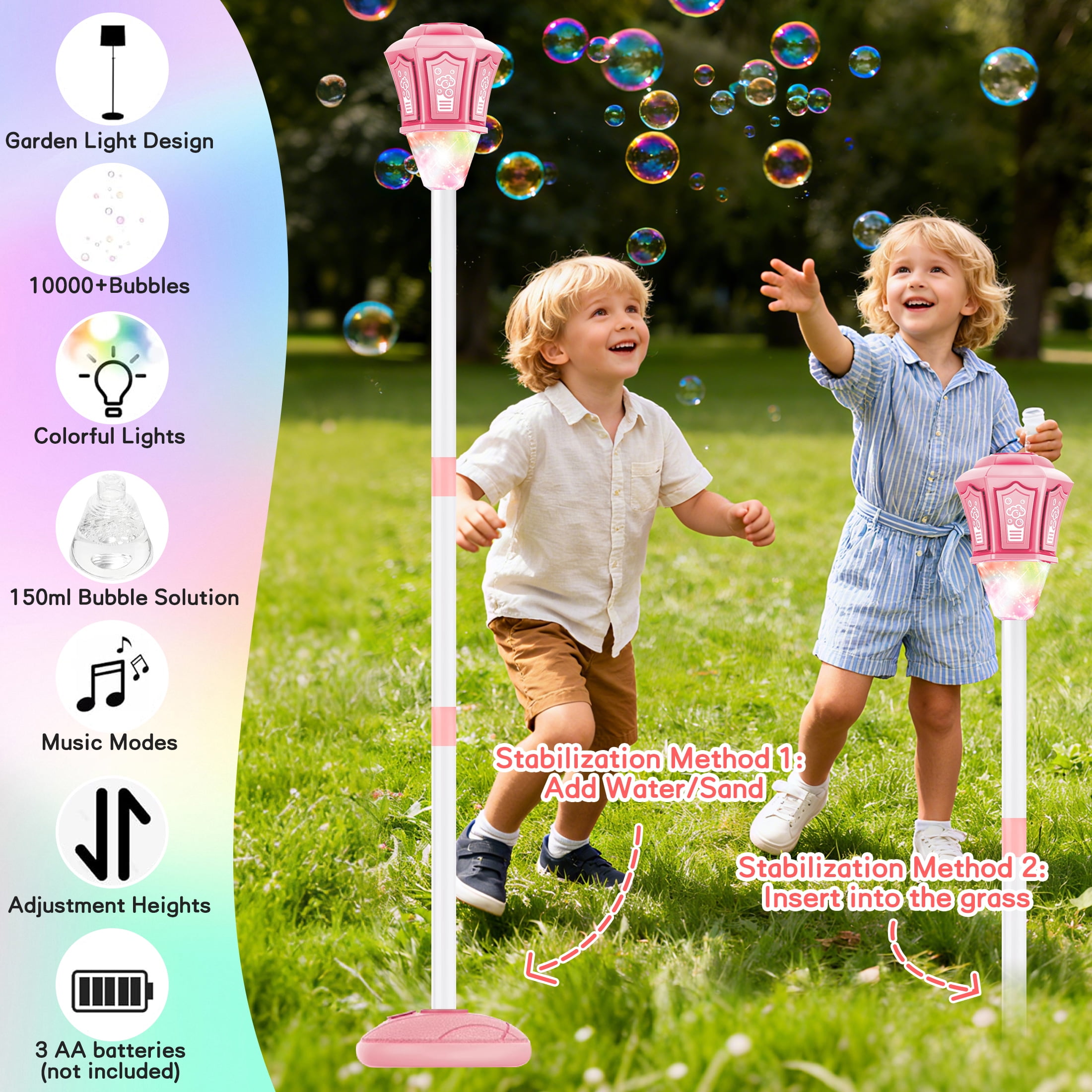 KOPPOP Garden Bubble Machine, LED Musical Lawn Lamp with Remote Control & Rechargeable Battery, Adjustable Height Outdoor Party Bubble Blower for Kids Birthday Gifts(Pink)