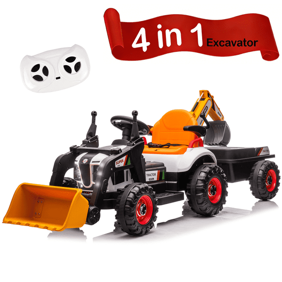 24V Kids Ride on Excavator Digger Toy Cars, Ride on Construction Toy w/4-in-1 Construction Attachments (Excavator, Dump Truck & Bulldozer), Electric Tractor Car w/Remote Control, Swivel Seat, Orange