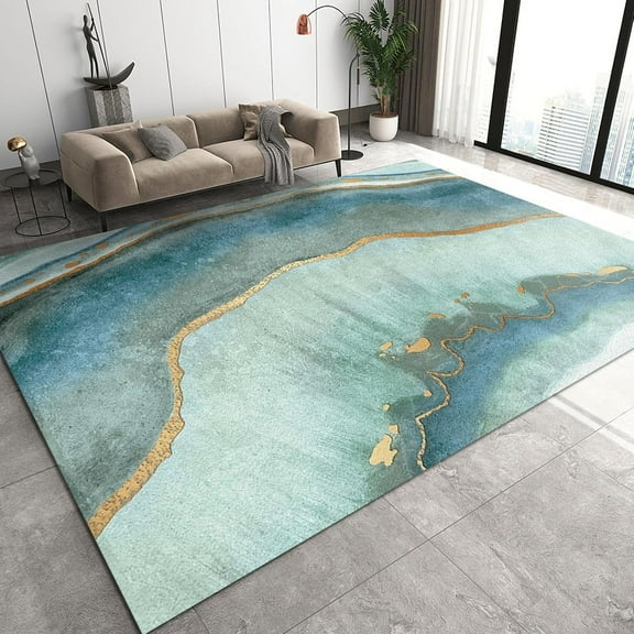 Nordic Home Decor Living Room Carpet, Abstract Light Green Gold Marble Area Rugs, Non-Slip Foldable Washable Mat For Sofa Bedroom Entryway Hallway Dining Table Office 5x6ft
