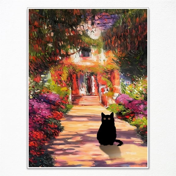 Vintage Monet Garden Cat Canvas Art Famous Oil Painting Monet Flowers Black Cat Poster Funny Floral Print Room Decoration for Bedroom 30x40cm Unframed