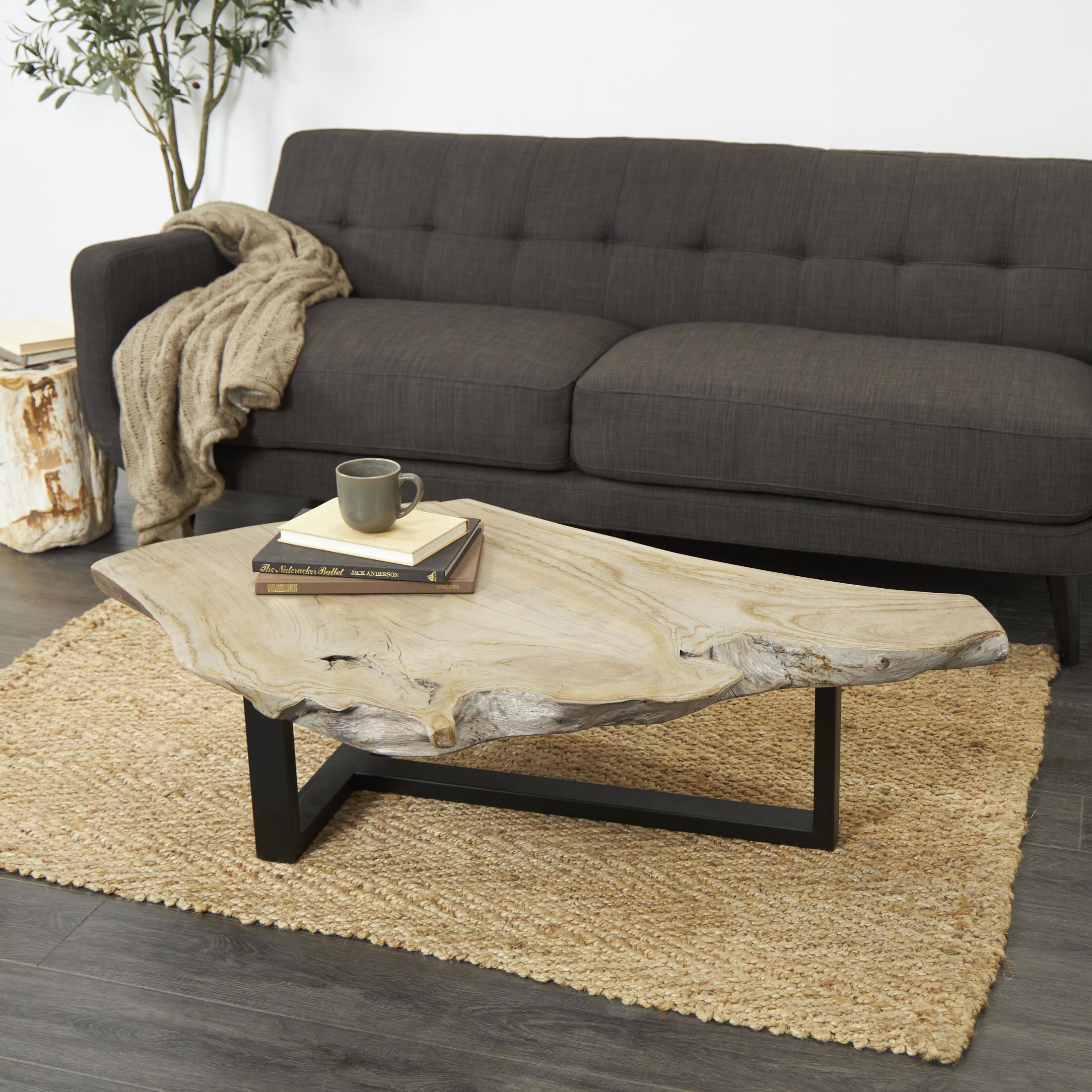 DecMode 50" x 15" Gray Teak Wood Handmade Live Edge Wood Slab Coffee Table with Black T Stand Base, 1-Piece