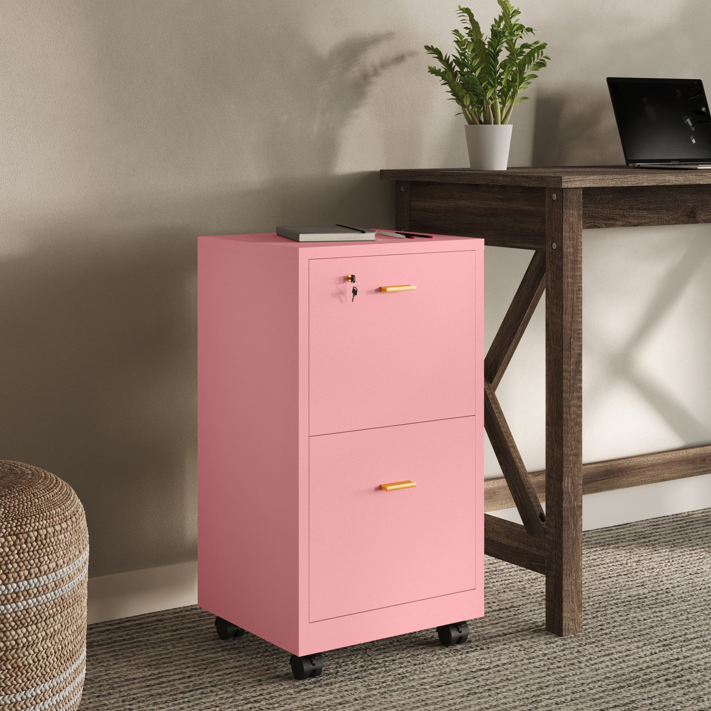Lavish Home 2 Drawer File Cabinet - Rolling Filing Cabinet with Lock for Home Office Essentials (Pink)