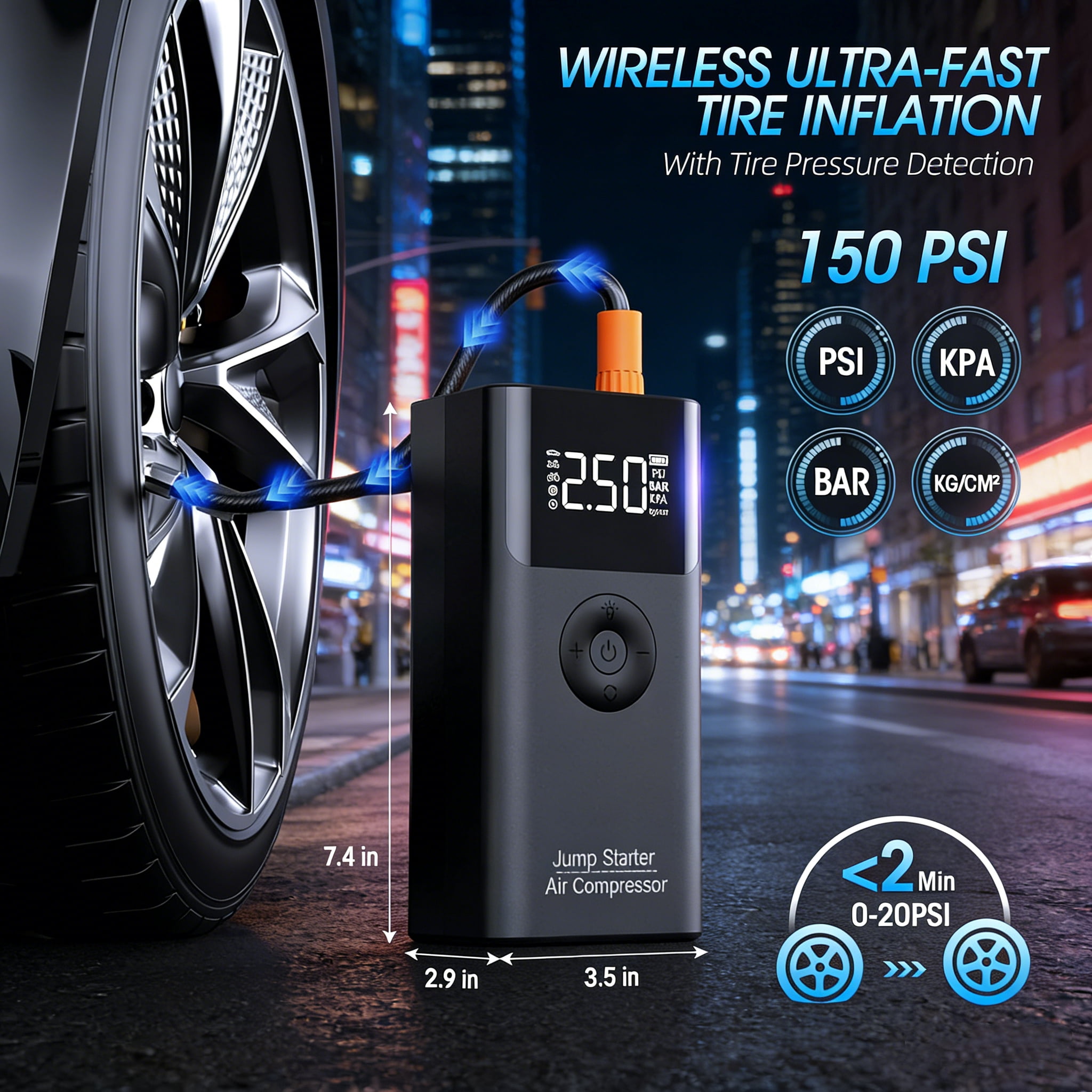 Jump Starter with Air Compressor, 2500A 150PSI Portable Car Battery Jump Starter Pack, 12V Jump Box wSith UB Fast Charge, for up to 9.0 Gas/8.0L Diesel Engine, 3 Modes Lights/Large LCD Display