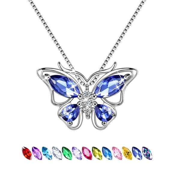 Juwaliy December Birthstone Tanzanite Blue Butterfly Necklaces 925 Sterling Silver Pendant Jewelry Christmas Birthday Mother's Day Gift for Women Wife