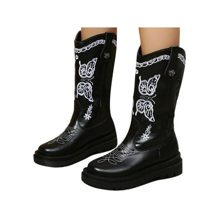 

Tenmix Women Fashion Western Cowgirl Boots Outdoor Round Toe Work Casual Mid Calf Boot Black 6.5