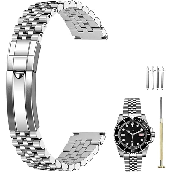 wonima11 20mm 22mm Stainless Steel Watch Band, Screw-In Quick Release Jubilee Watch Bracelet for Men Women with Diving Deployment Buckle Silver Gold