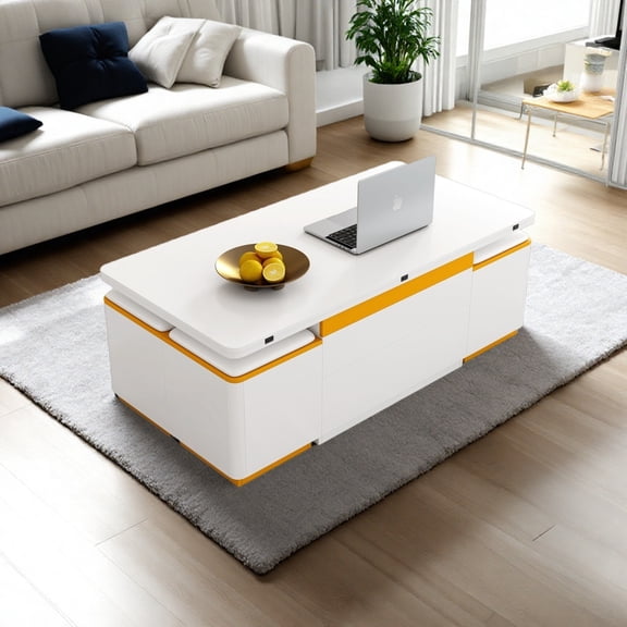Lift-Top Coffee Table with 4 Storage Stools, Multifunctional Center Table with Adjustable Height and Foldable Top for Small Space Living Room