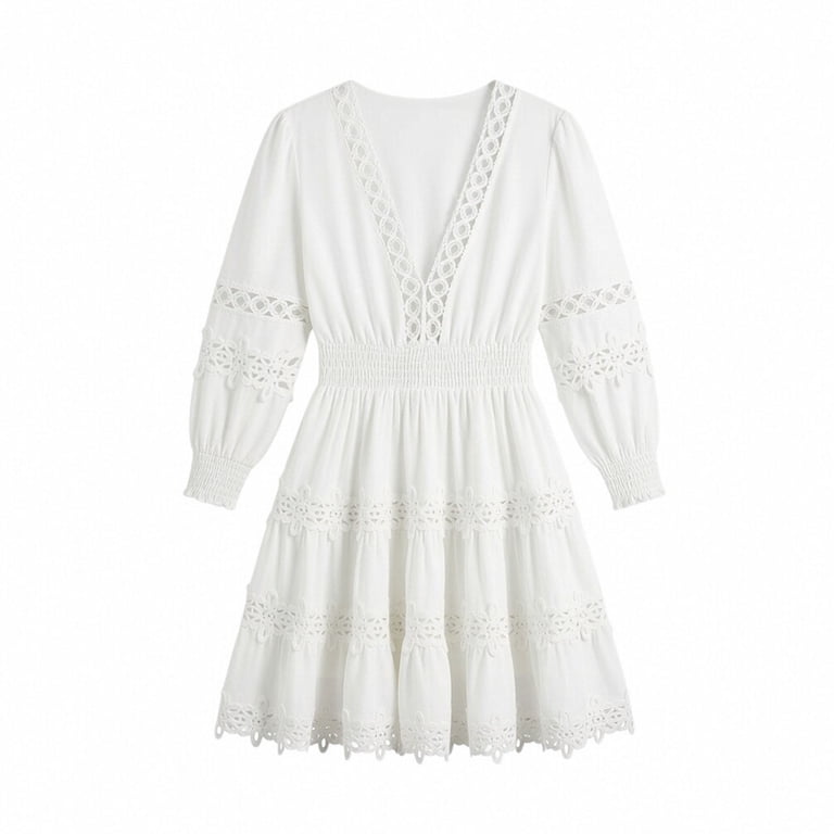 Wxlwzywl Women's V-Neck Lace Long-Sleeved Knee-Length White Dress Summer A Line Swing Ollow Out Eyelet Casual Short Dresses