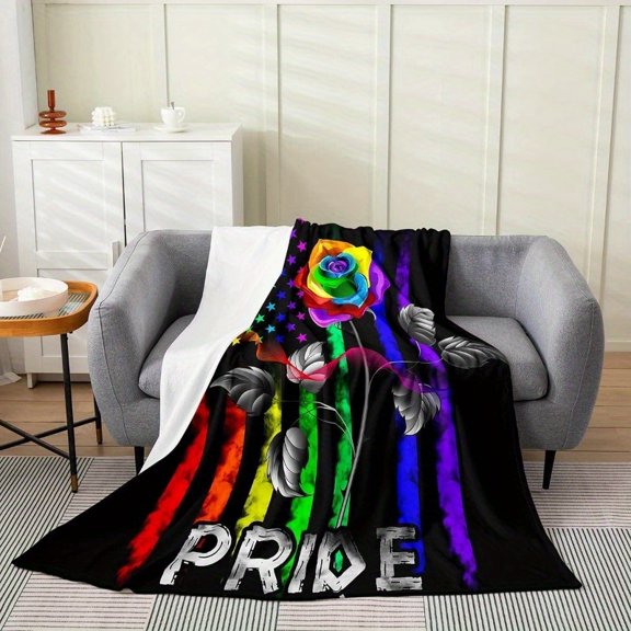 [Rainbow Flag Fuzzy Blanket] Soft 50x60 Inch LGBT Pride Rainbow Flag Throw Blanket - Glowing Watercolor Rose & American Flag Design, Fuzzy Flannel, Perfect for Bedroom Decor and All Seasons