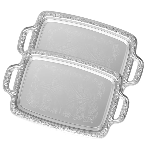 4 Pcs Silver Serving Tray with Handles, Vintage Floral Metal Silver Platter Tray, Elegant Silver Trays for Wedding Tableware Party Decoration